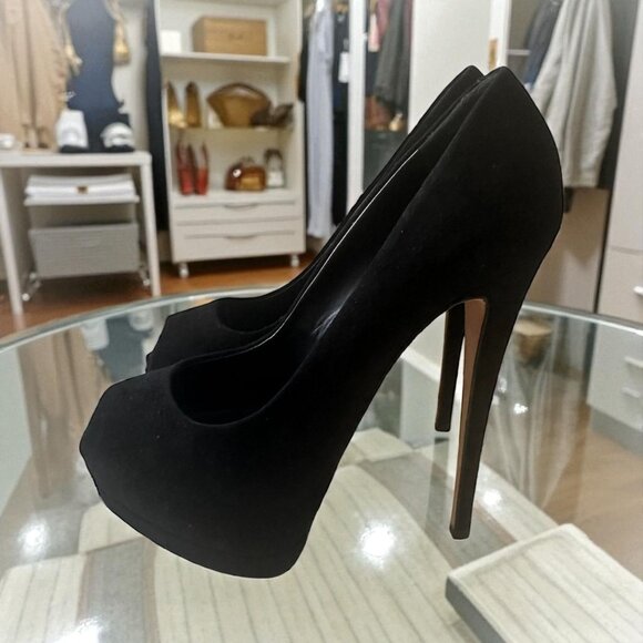 GIUSEPPE ZANOTTI Black Suede Peeptoe Platform Heels Size 37.5 / US 7.5 - Picture 1 of 9